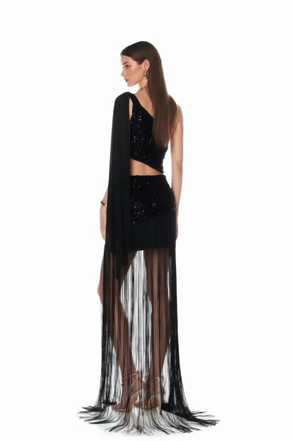 Schwarzes One Shoulder Pailletten Fransen Abendkleid